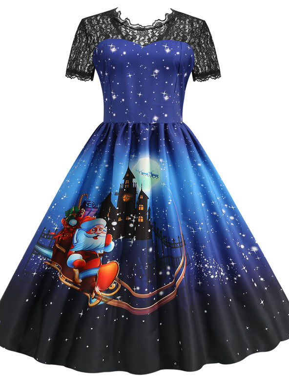 Lace Stitching Short Sleeve Printed Dress