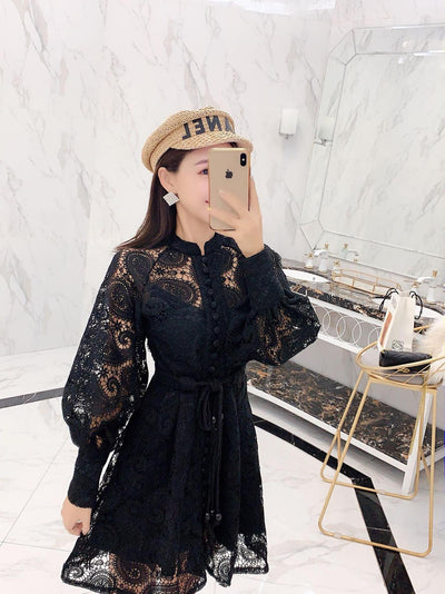 Runway Dress Hollow Lantern Sleeves Embroidered Lace Dress