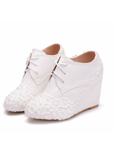 White Wedge Wedge Lace-up Boots