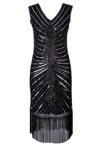 Mermaid V-neck Tassels Black Sequins Party Dress
