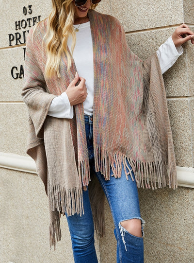 Striped Cape Fringed Cardigan Shawl