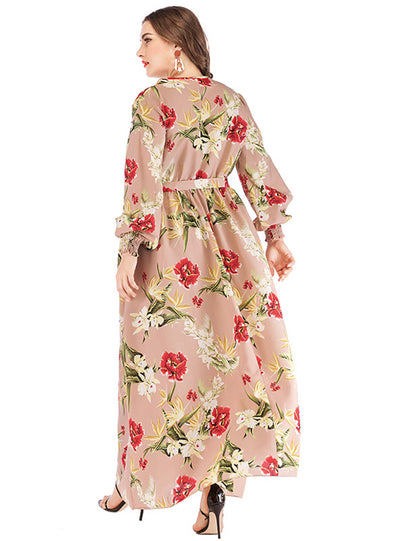 V-neck Printed Lace-up Bubble Sleeve Big Swing Dress