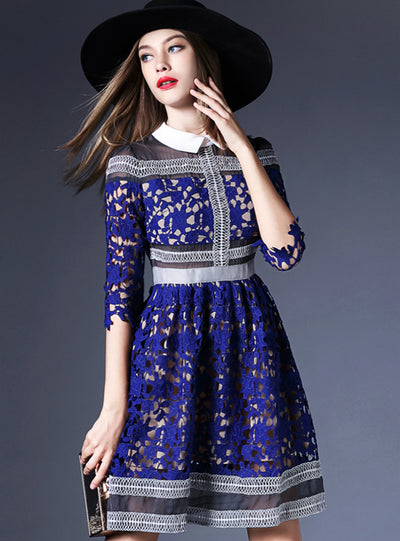 Blue Lace Dress Early A-Line Work Casual Dress