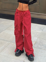 Red Overalls Casual Slim Straight Pants