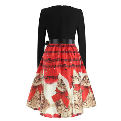 Retro Christmas Printed Long Sleeve Dress