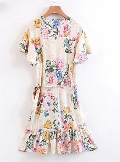 Floral Printed Dress Lady Cross V Neck Tie Waist