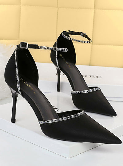 Heel Satin Shallow Pointed Rhinestone Sandals