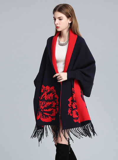 Jacquard Fringed Knitted Shawl Cloak Bat Sleeve Padded