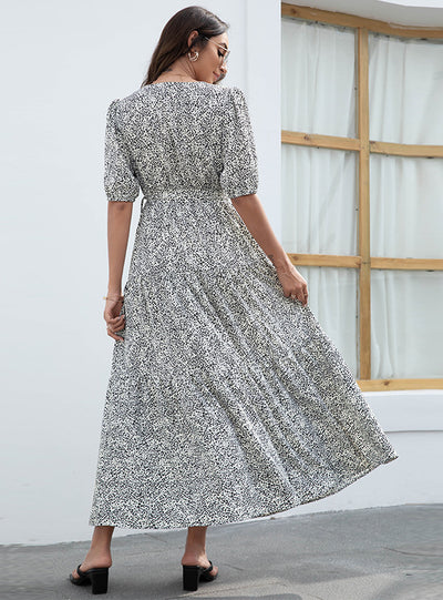 V-neck Printed Bubble Sleeve Dress