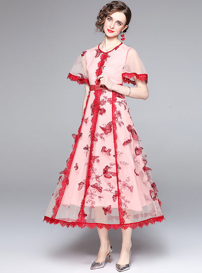 Round Neck Long Sleeve Embroidered Butterfly Gauze Dress