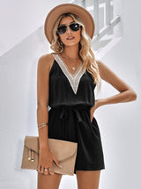 Leisure Lace V-neck Sleeveless Belt Jumpsuit