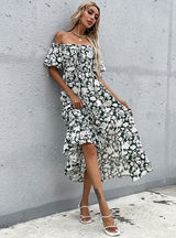 Slim-fit Long Split Short Sleeve Printed Dress