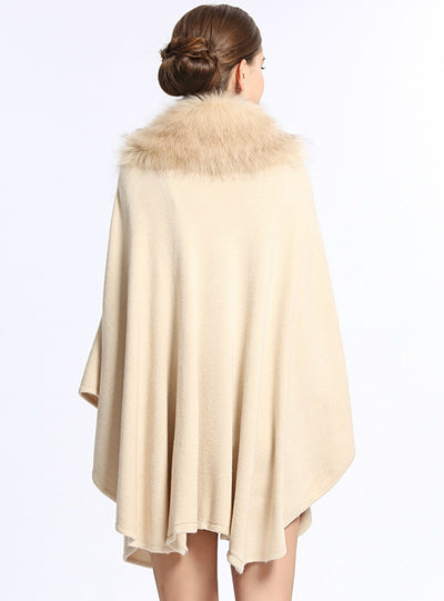 Fox Like Fur Collar Loose Knit Shawl Cape Large Size
