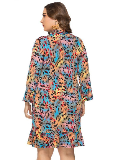 V-neck Long Sleeve Bow Leopard Dress