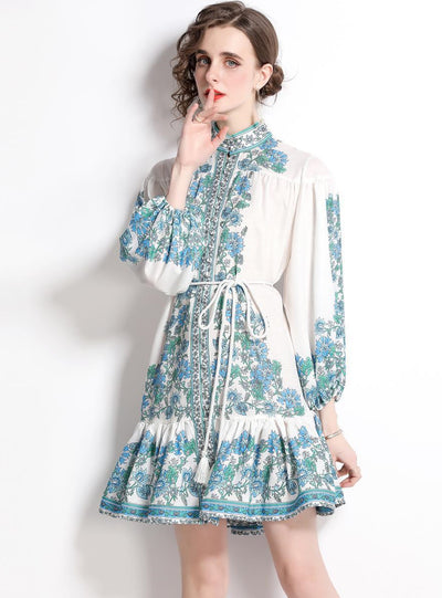 Printed Long Sleeve Waist Slim Dress