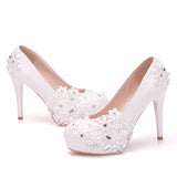 White Lace Flower Pearl Wedding Shoes