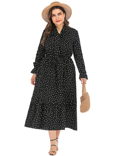 Black Polka Dot Printed Bow V-neck Long Sleeve Dress