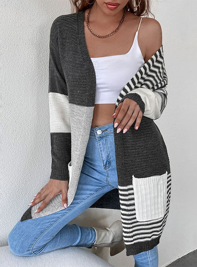 Spliced Striped Contrast Cardigan Pocket Sweater Coat