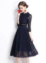 Hollow Round Neck Lace Long Sleeve Dress
