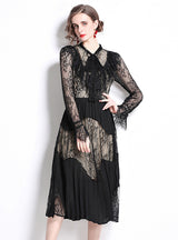 Perspective Long Sleeve Lace Stitching Pleated Dress