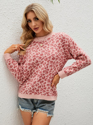 Contrast Color Loose Pullover Leopard Print Sweater