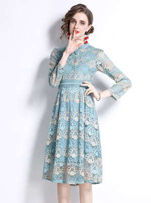 Women Blue Lace Long Sleeve Dress