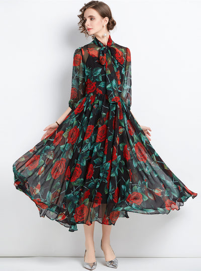 Rose Printed Slim Long Sleeve Chiffon Dress