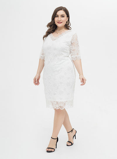 Plus Size Lace Hollow Short Sleeves Dress