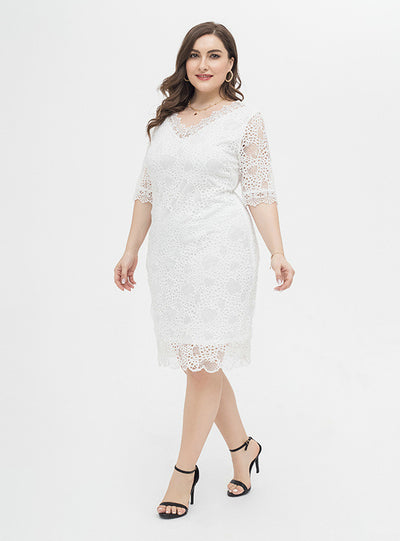 Plus Size Lace Hollow Short Sleeves Dress