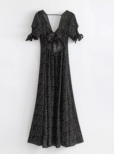 Polka Dot Dress Sexy Backless V Neck A-line Long Dress