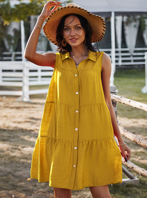 Sleeveless Shirt Collar Solid Color Dress