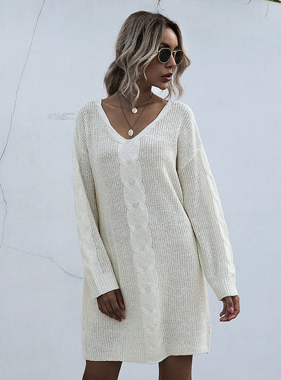 V-neck Pullover Casual Long Sweater Dress