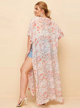 Flower Short Sleeve Chiffon Loose Long Split Coat