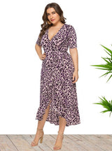 Large Size V-neck Ruffled Irregular Leopard Print Dress