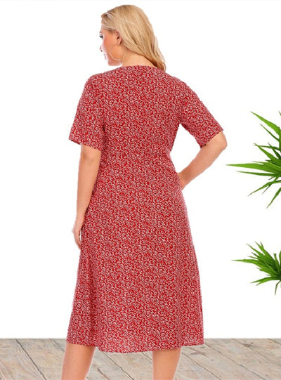 Plus Size V-neck Printed Pocket Dress