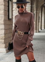 Retro Solid Color Turtle Neck Knitted Dress