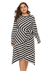 Black White Striped Long Sleeve Pullover Dress