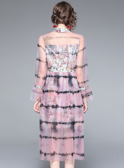 Retro Printed Stitching Long Sleeve Dress