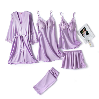 Womens Lace Satin Pajamas Gown Set V-Neck Cami Nighties