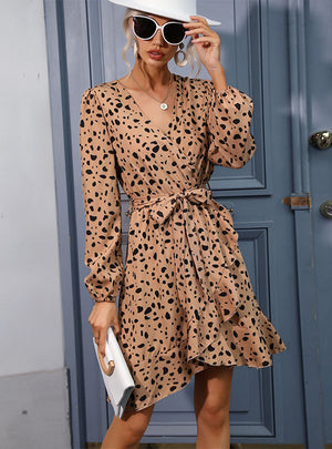 V-neck Leopard Print Ruffled Dress