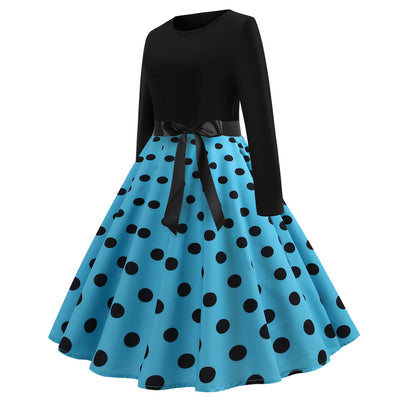 Retro Long Sleeve Polka Dot Print Dress