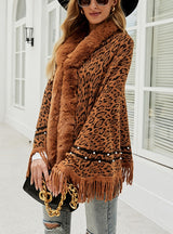 Leopard Print Fur Collar Tassel Warm Scarf Shawl