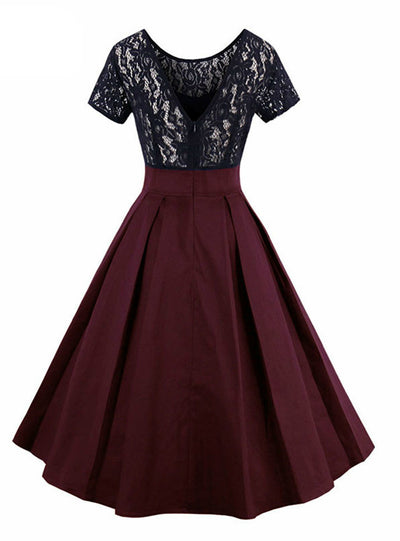 Short Sleeve Lace Vintage O-neck Party Swing Dress