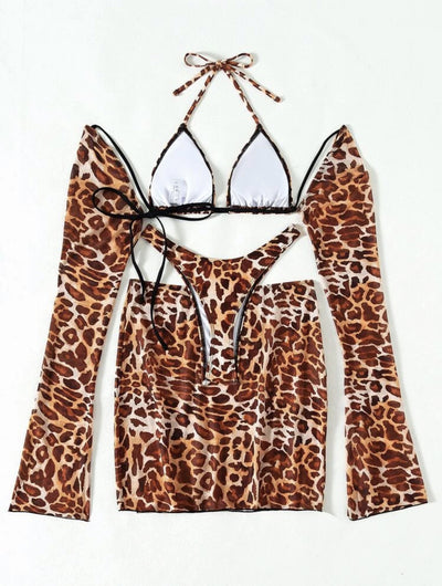 Leopard Print Gauze Four-piece Swimsuit Bikini