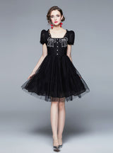 Black Lace Embroidered Bow Short Sleeve Dress