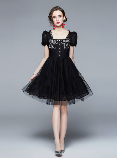 Black Lace Embroidered Bow Short Sleeve Dress