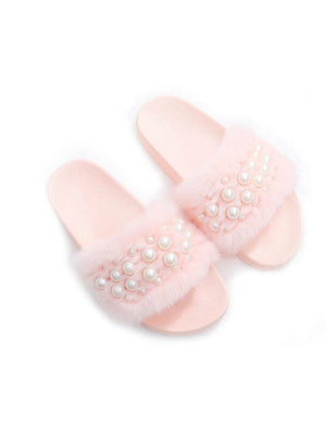 Fluffy Women Fur pearl Slippers Open Toe Flops 