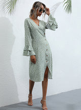 V-neck Black Long Sleeve Polka Dot Dress