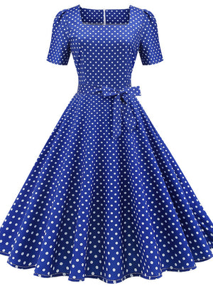 Retro Short Sleeve Wavelet Dot Print Dress