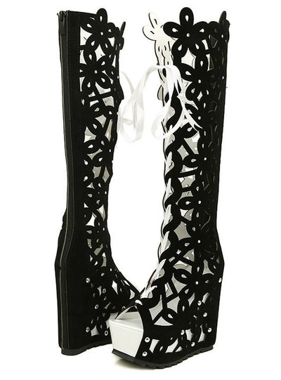 Womens Heels Black Knee High Boots Sexy Peep Toe